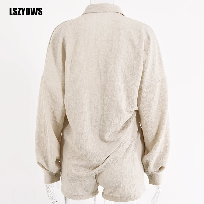 

Women Loose Long Sleeve Shirts Tops and High Waist Drawstring Shorts Two Pieces Set Apricot Black Casual Female Clothes Outfits
