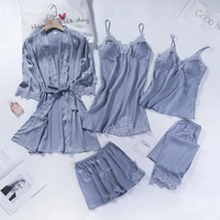 spring summer women pajamas set soft faux silk satin 5pcs loungewear trouser suitsexy patchwork lace sleepwear wedding robe set