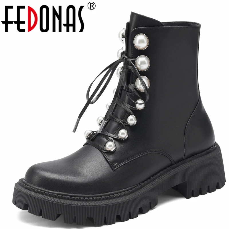 

Женские ботинки с жемчугом FEDONAS, черные ботильоны из натуральной кожи на высоких каблуках, повседневная обувь на осень-зиму 2019