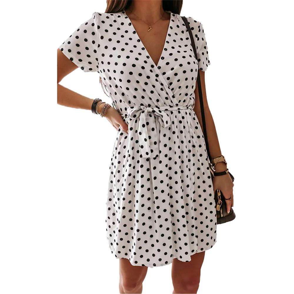 

2021 Summer Women's Dresses Dot Print V Neck Short Sleeve Beach Casual Mini Dress Vestido Feminino Loose Dress