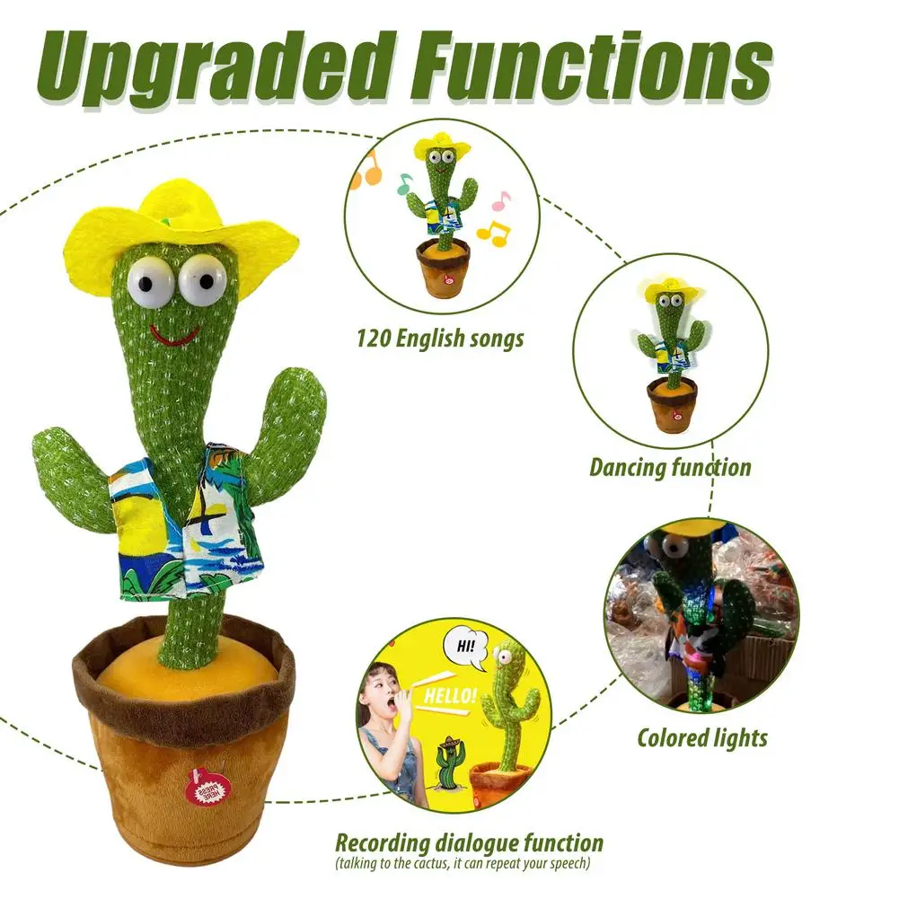 

Dancing & Singing Plush Cactus Toy With Light&Recording Function Hawaiian Cowboy Hat Mexican Theme Dancing Cactus Children's Toy