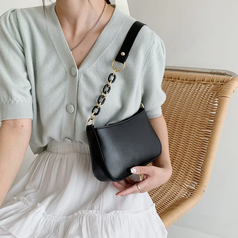 

Fashion Solid Color Shoulder Chain Bag for Women 2021 Casual PU Leather Top-handle Bags Punk Travel Street Ladies Handbags Totes