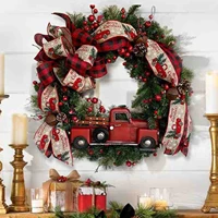 red truck retro christmas wreathbow with christmas wreath xmas welcome sign with festive bow and berry front door navidad