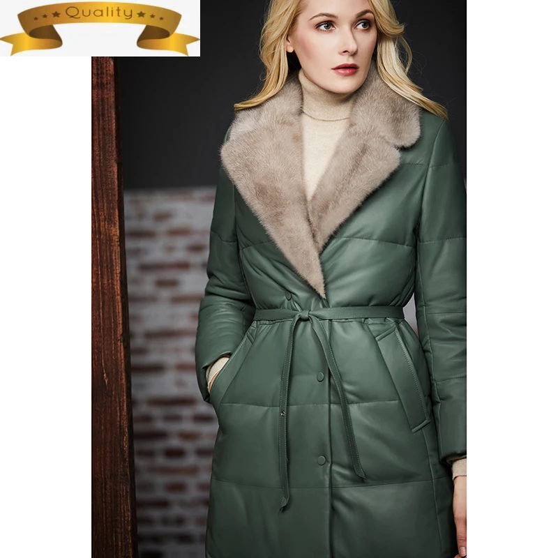 

Genuine Leather Jacket Down Women Mink Fur Collar Winter Sheepskin Coat Female Long 10% White Duck Down Parkas Woman 2021