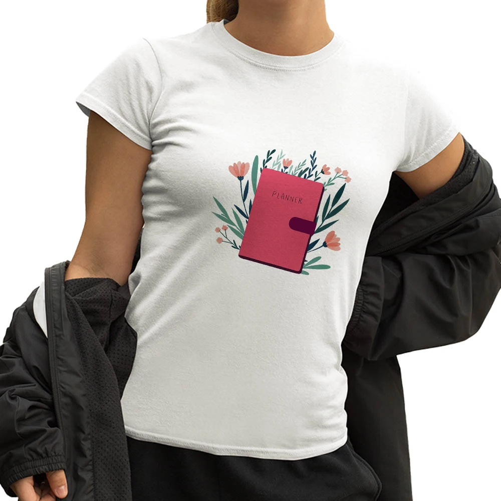 

Creative Painting T Shirt Notebook and Creative Flowers Printed T Shirt Breathable Modern Versatile Korean Fashion Tshirt Lady