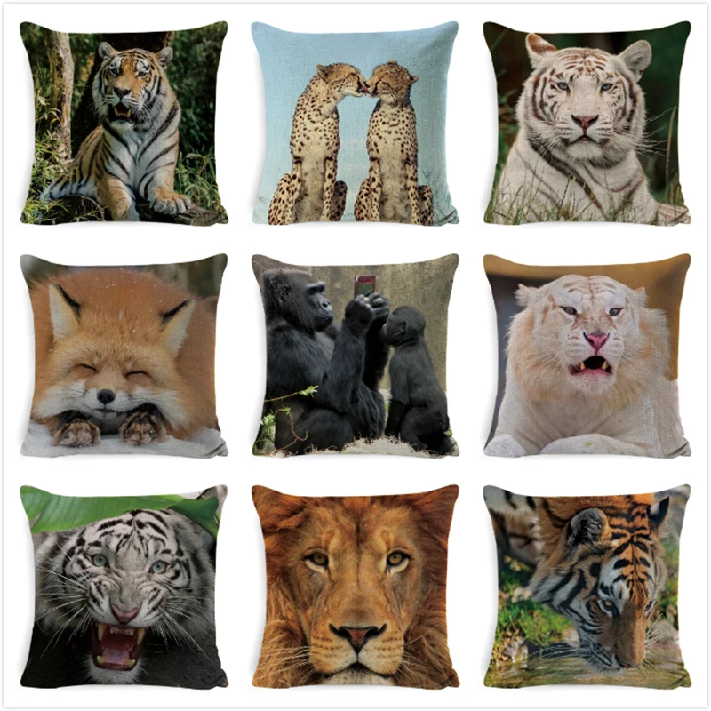 Чехол для подушки с изображением животных лев тигр полярный медведь из хлопка и