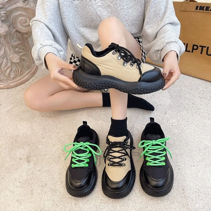 

Thick Soled Shoes for Women Sneakers Green Lace Up Single Shoes British Style Versatile Retro Lady Platform Leather Shoes