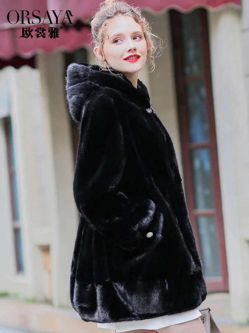 Роскошное пальто из натурального меха норки куртка с капюшоном осенне-зимняя