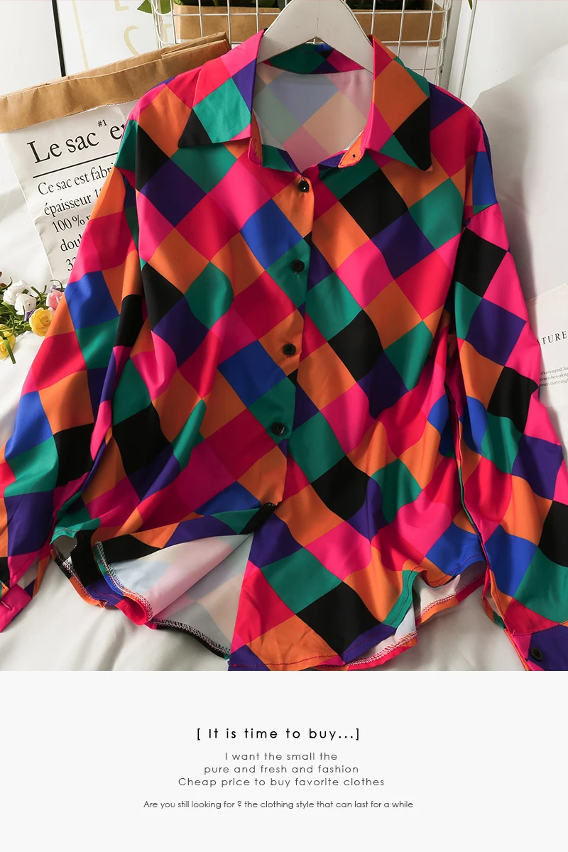 

Hyuna style color matching plaid single-breasted lapel blouse female Korean version loose and thin mid-length long-sleeved shirt