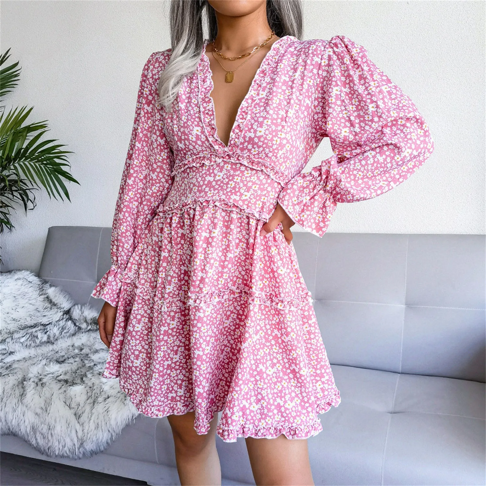 

Fashion Floral Print Boho Short Dress Long Sleeve Chiffon Deep V-Neck Dress Women Casual Evening Party Dress Vestido de fest