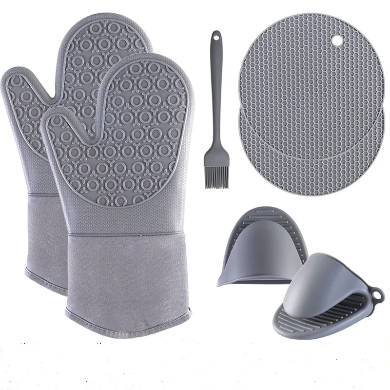 

Kitchen Oven Mitts Set BBQ Microwave Gloves Silicone Heat Resistant Non-Slip Mat Cooking Baking Mitts Cookware Tools Accessories