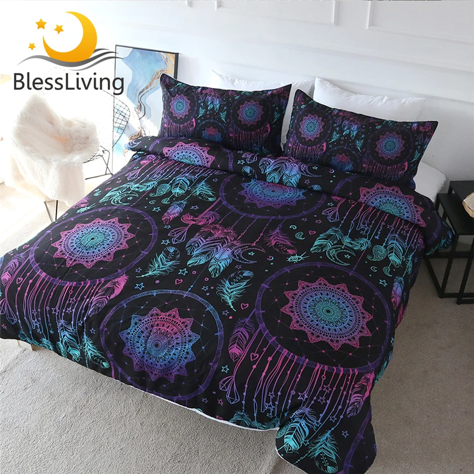 

BlessLiving Dreamcatcher Bedding Set Colorful Boho Duvet Cover 3 Piece Ethnic Comforter Cover Moon Feathers Tribal Bedclothes