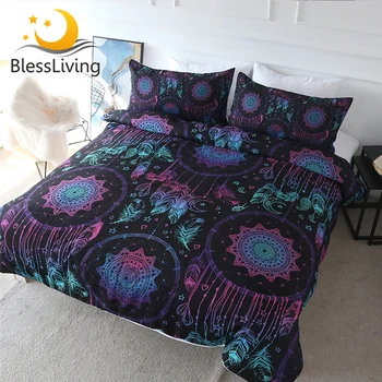 BlessLiving Dreamcatcher Bedding Set Colorful Boho Duvet Cover 3 Piece Ethnic Comforter Cover Moon Feathers Tribal Bedclothes 1