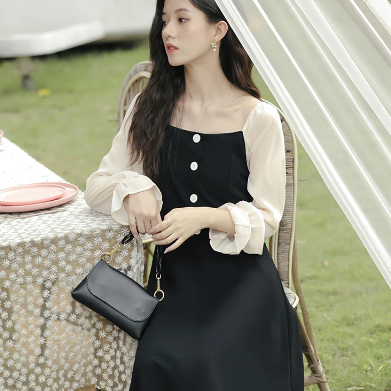 

Spring New Tea Break Dress French Over-the-knee Little Black Base Temperament Female Long A-line Skirt Square Neck Pagoda Sleeve