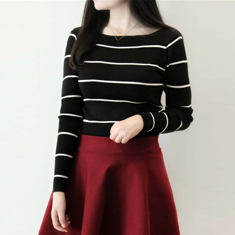 Slim Sweet Top Pull Femme Knitted Sweater Women Long Sleeve Korean Striped Tight Jumper Sweaters | Женская одежда