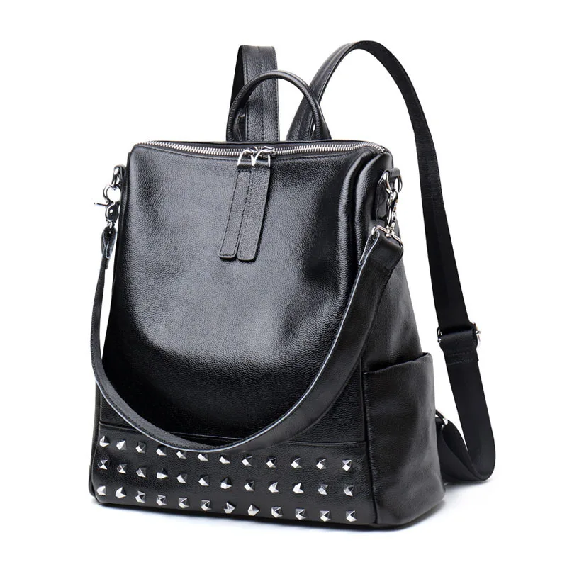 

2021 New Leather Handbags Personality Rivet Cowhide Bag Fashion All-match Backpack Bag Girl Fashionable Purses