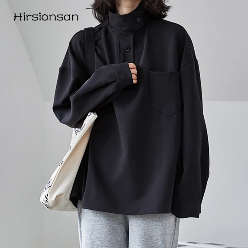 

Осенние корейские блузки Hirsionsan, женская рубашка оверсайз, элегантная Однотонная рубашка с длинным рукавом для женщин, простые Универсальны...