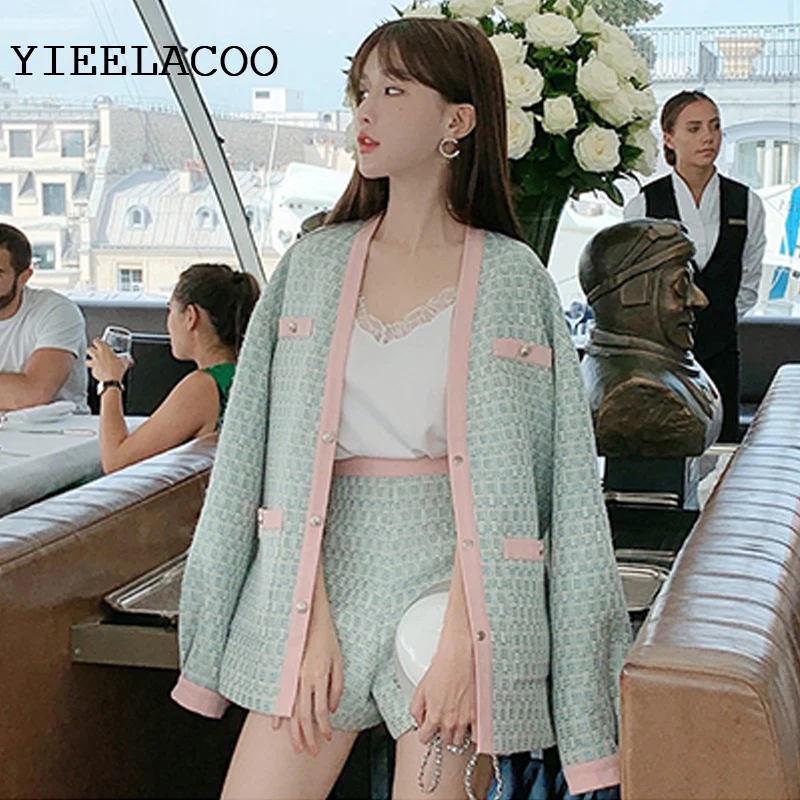 Твидовый пиджак + шорты костюм зеленый осенне-зимний женский деловой из 2