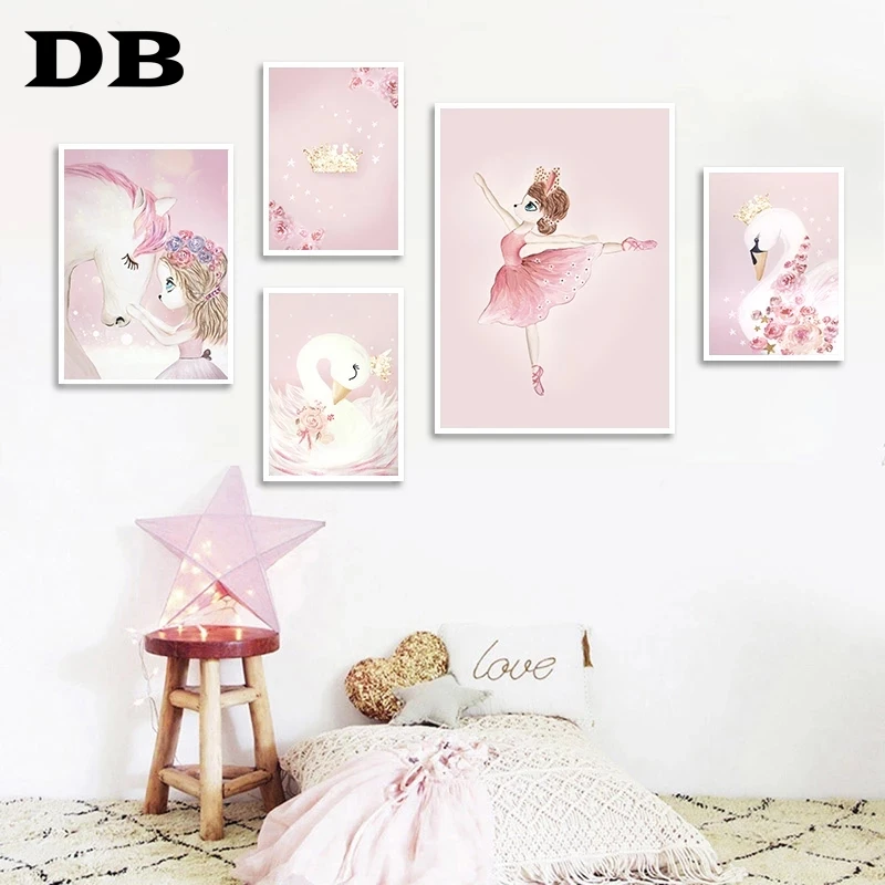 

Pink Nursery Girl Flower Wall Art Canvas Painting Horse Swan Nordic Posters And Prints Wall Pictures For Living Room Kids Room