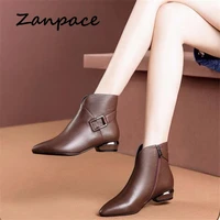 2021 winter fashion women boots zipper retro leather plus velvet shoes thick heel ankle boots plus size 41 high heels shoes