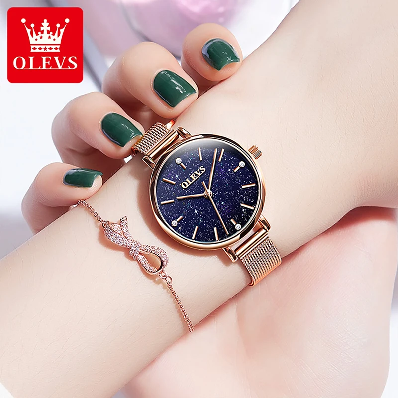 OLEVS Luxury Fashion Womens Blue Starry Dial Quartz Watches Simple Rose Gold Mesh Strap Watch For Women Relogio Feminino 6894