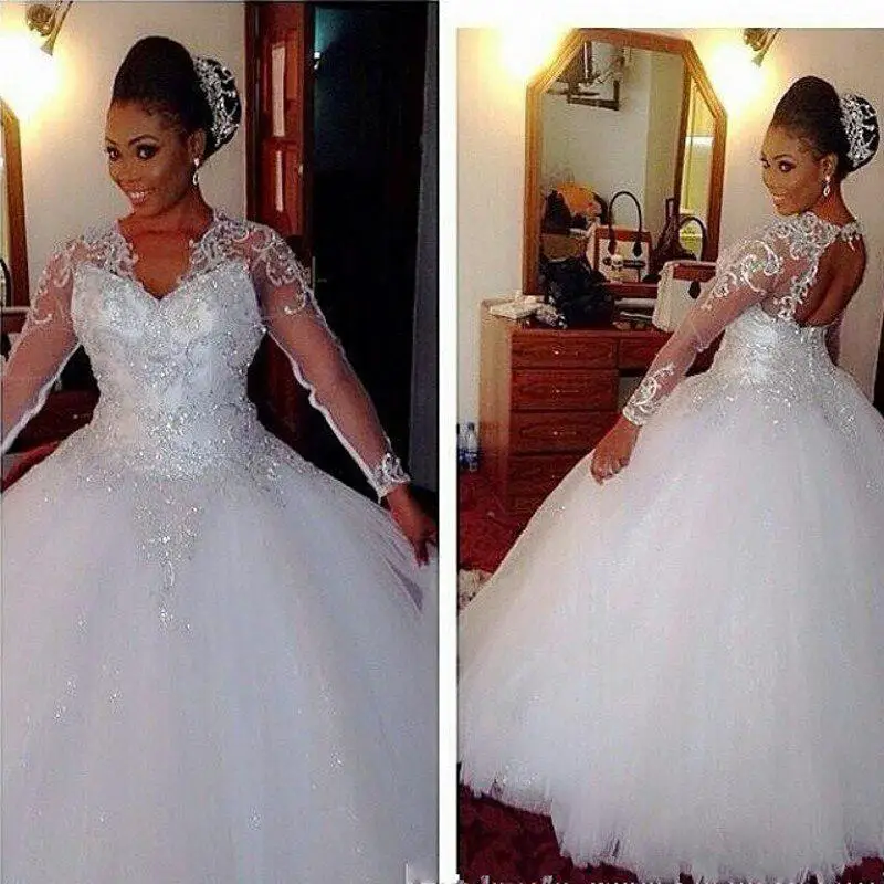 

Plus Sizes Long Sleeve Wedding Dresses Bling Crystal Bead Bridal Gowns Custom Sheer Wedding Dress,
