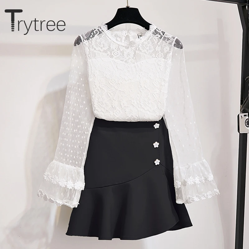 Осенний Женский комплект из двух предметов Trytree повседневный кружевной топ с