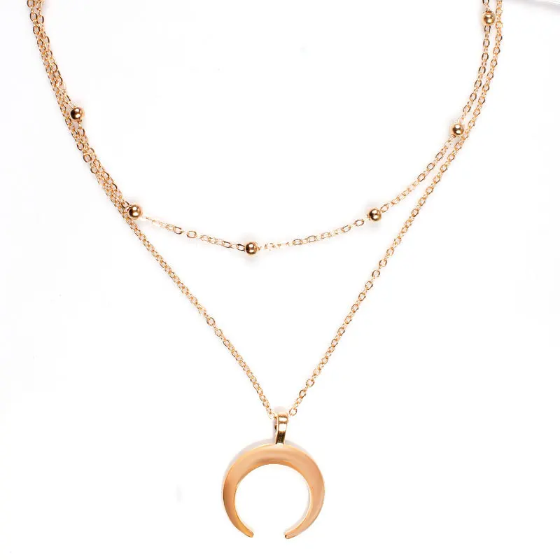 

Bohemian Double Layer Moon Pendant Necklace Exquisite Beads Clavicle Collar Chain Necklace Jewelry