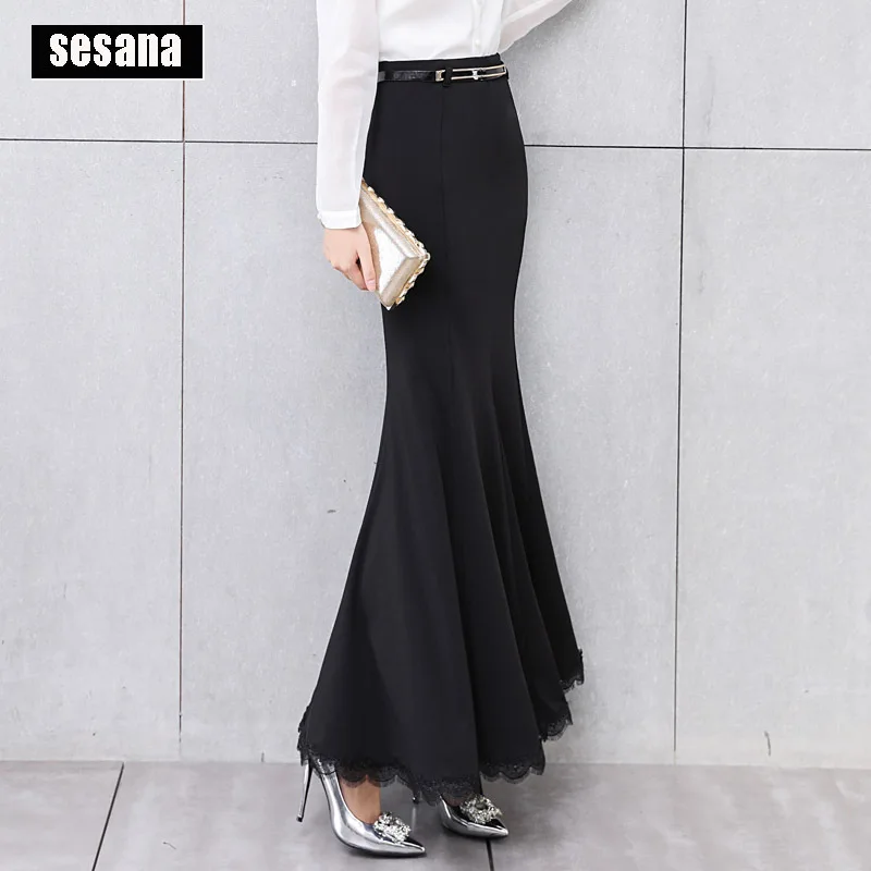 Женская элегантная юбка-годе, осенне-зимняя винтажная длинная юбка с высокой талией, эластичная плотная черная юбка на молнии с поясом