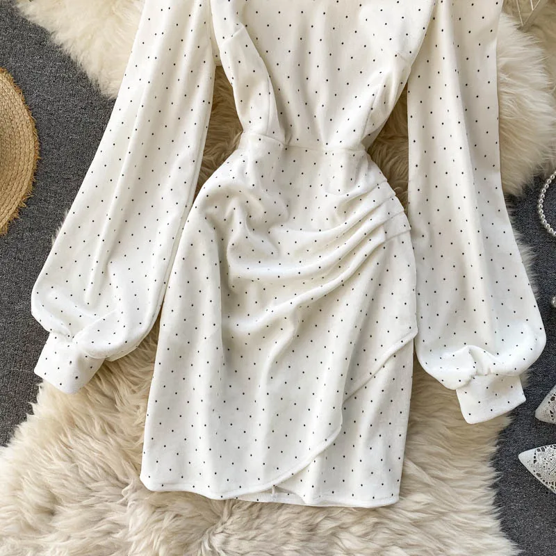 

Vintage Black/White Polka Dot Spaghetti Strap Mini Dress Women Sexy Slash Neck Long Sleeve High Waist Draped Vestidos Fashion