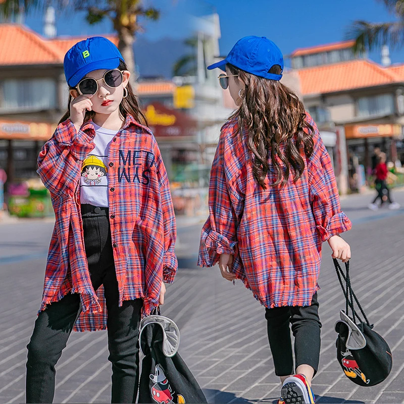 

2021 Spring Summer Girls Blouse Children's Plaid Shirt Fashion Cotton Embroidery Letter Casual Tops for Kids Clothes Teens Shirt