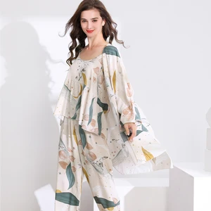 Женская пижама с принтом звездного неба и цветочным принтом, комплект из 3 предметов, женская пижама, свободная элегантная одежда для сна на весну и осень