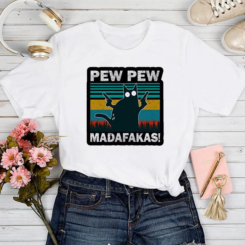 

Women's pew t-shirt madafakas gangster cat and gun retro meme short sleeve harajuku t-shirt graphic top