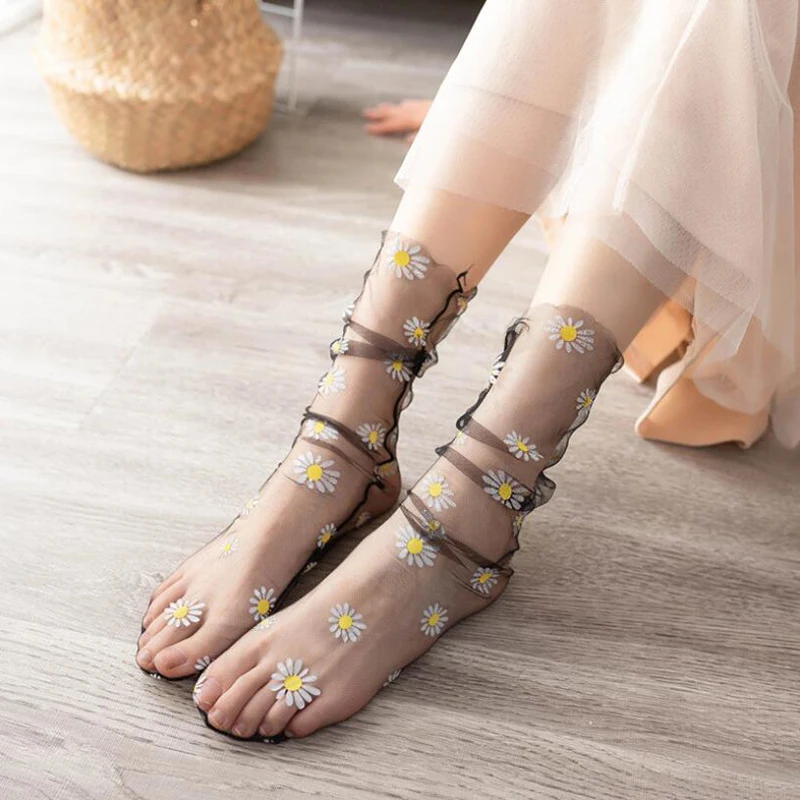 

Fashion Ultra-thin Flower Socks Women Transparent Daisy Tulle Socks Long Chiffon Socks Female Summer Streetwear Calcetines