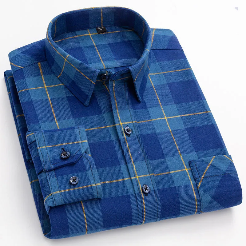 

Мужская Фланелевая рубашка в клетку, повседневная мягкая рубашка из 100% хлопка, для офиса, уличная одежда стандартного кроя в Корейском стил...