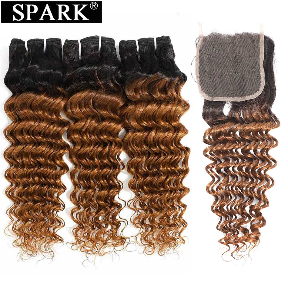 SPARK Омбре бразильские человеческие волосы плетение пучки с закрытием глубокая