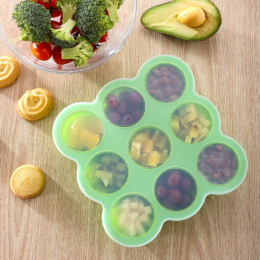 

1PC Green Baby Food Freezer Tray Safe Silicone Baby Food Container 9-Hole Food Supplement Box Multifunction Ice Tray Mold
