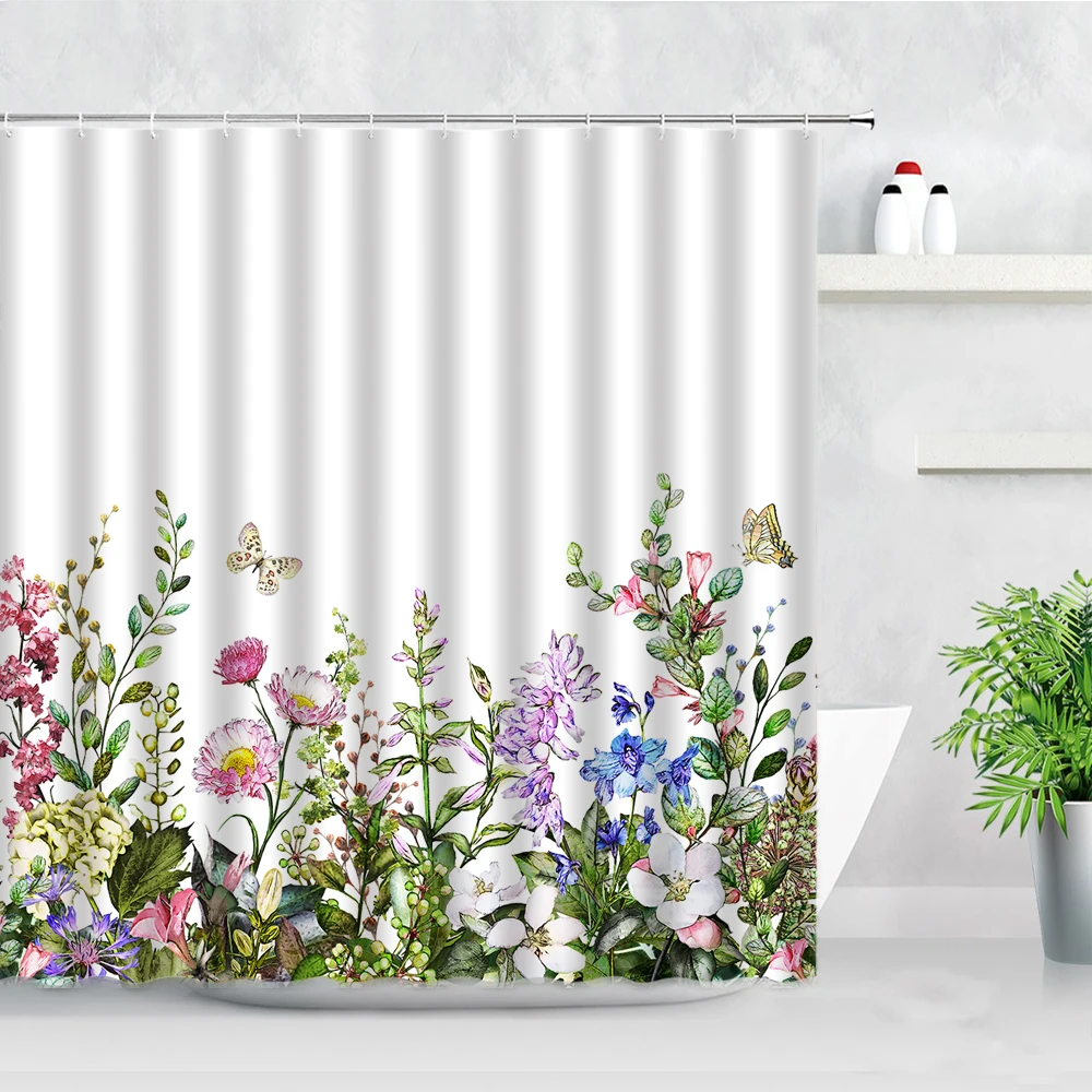 

Nordic Hand Painted Color Flowers Shower Curtains Butterfly Floral Plant 3D Printed Modern Decor Waterproof Bathroom Curtain Set