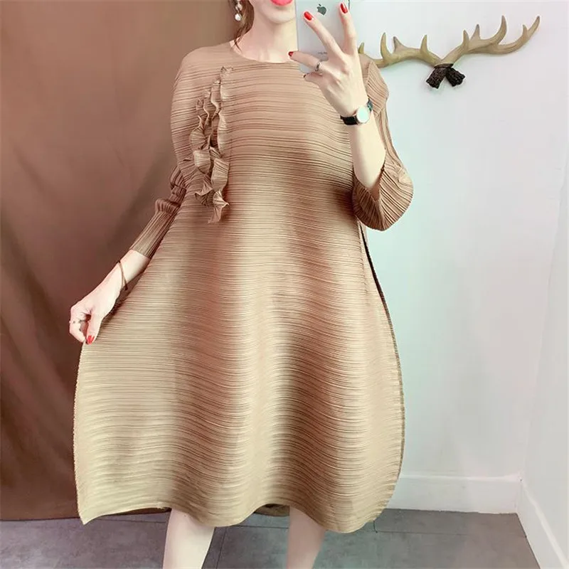 Женское плиссированное платье Miyake свободное с рукавами в семь точек круглый