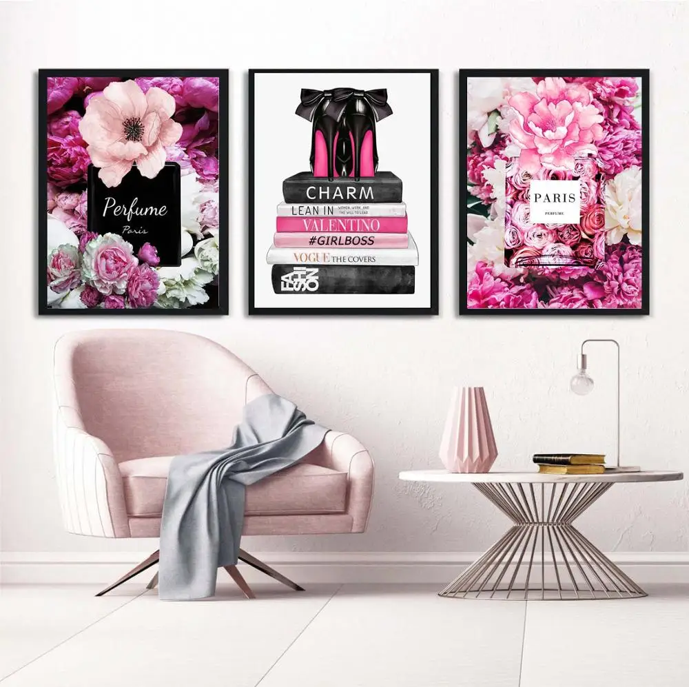 

Fashion Paris Perfume High Heels Flower Wall Art Canvas Painting Nordic Posters and Prints Wall Pictures for Living Room Decor