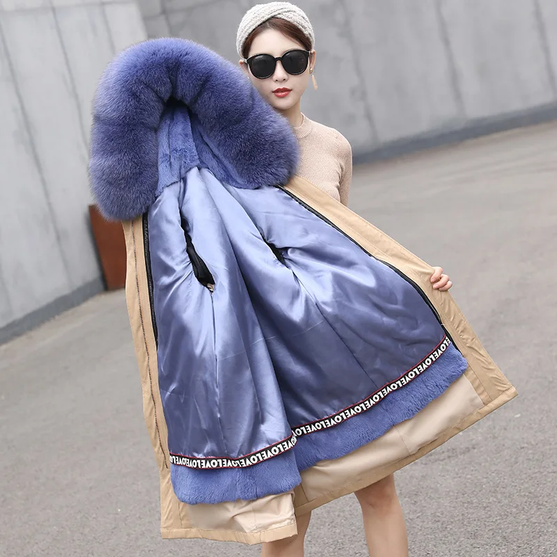 smoky blue Зима, высокое качество, Женская съемная подкладка из кроличьего меха Рекс, теплые пальто, Воротник из натурального Лисьего меха, ветрозащитная Толстая парка, верхняя одежда - Цвет: smoky blue
