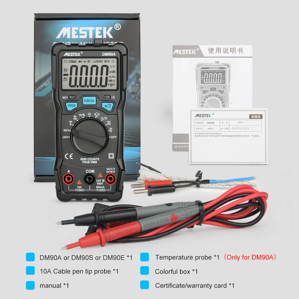 MESTEK Цифровой мультиметр DM90A/E/S NCV 6000 отсчетов Автоматический диапазон AC/DC измеритель напряжения вспышка светильник задний Светильник Универсальный мультитестер