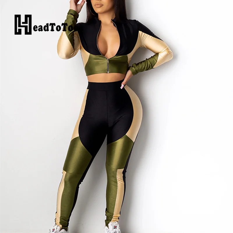 

High Waist Slim Skinny Sexy Colorblock Patchwork Two Pieces Set Women Full Sleeve Deep V Neck Romper