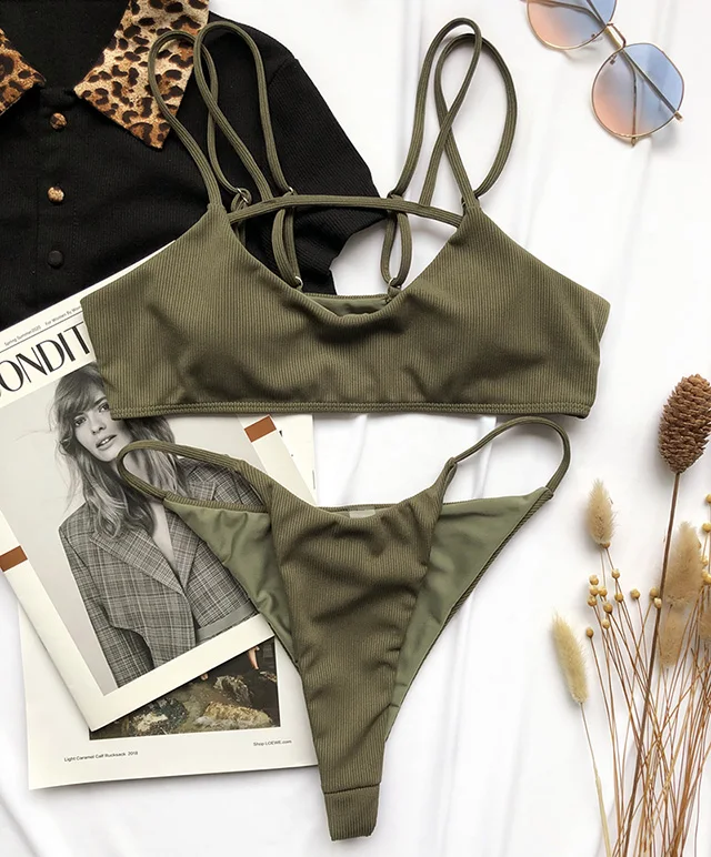 

2021 New Sexy Ribbed Thong Bikini Female Swimsuit Women Swimwear Two-pieces Bikini set High Cut Bather Bathing Suit Swim Lady