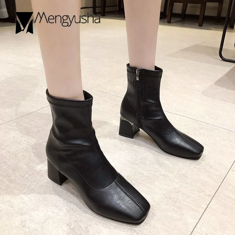 Ботинки женские с квадратным носком узкие мотоциклетные ботильоны на молнии