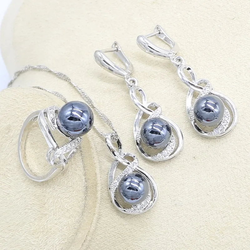 Черный жемчуг серебряный цвет ранние серьги ожерелье кулон кольцо циркониевый