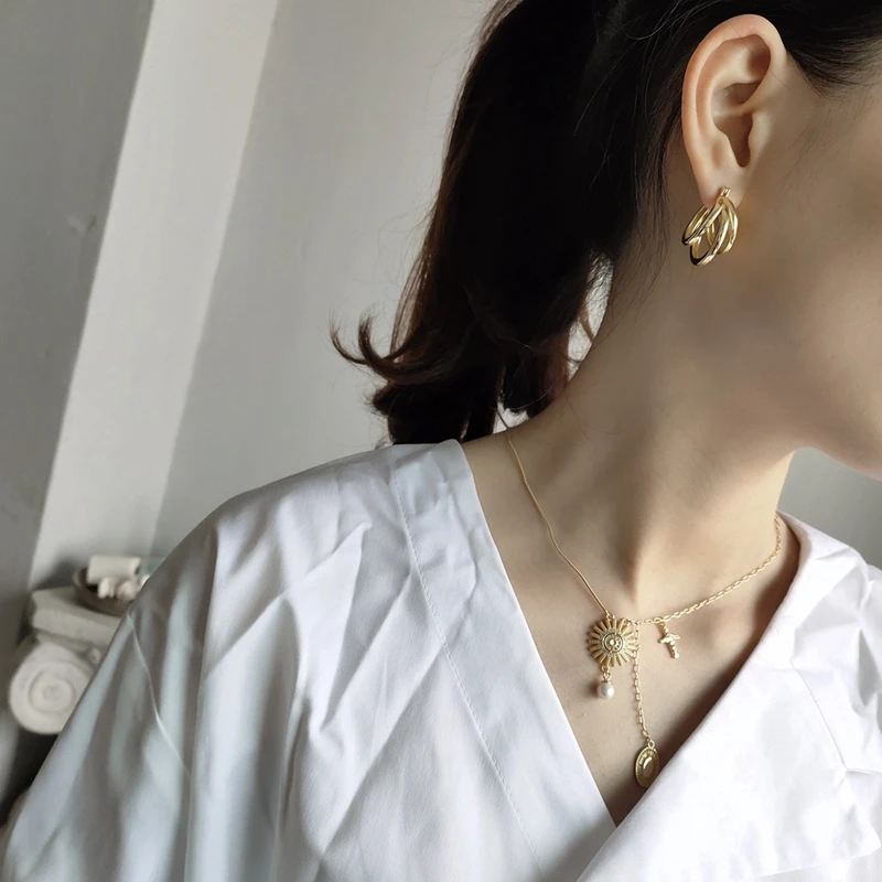SUNIANGON 3-round Overlapping Earrings 100% 925 Sterling Silver Women Gold Earring Ear Buckle Hoops Premium Luxury | Украшения и