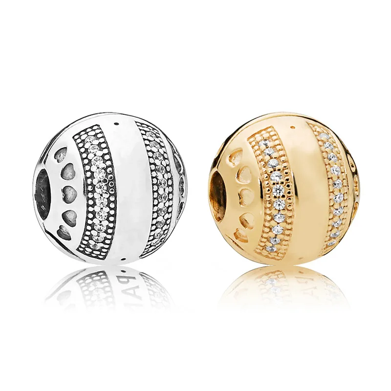 

100% S925 Sterling Silver Original Pan charm Beads Hearts crystal Clip Charm Women DIY Bracelet Bangles Holiday Gift DIY Jewelry