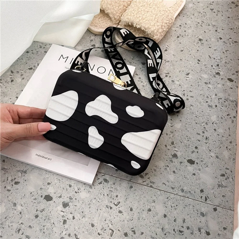 

New Fashion White Cow Pattern Small Luggage Bag Women Shoulder Bag Luxury Handbags Suitcase Mini Crossbody Bag Female Clutch Bag