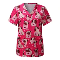funny dog printed healthcare tunic women casual short sleeve v neck carer tops dogs print blouse overalls nurse uniform uniforme